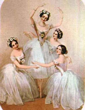 Carlotta Grisi, Maria Taglioni, Lusilie Grahn, Fanny Cherrito. Litography by J.Bouvier. 1845.