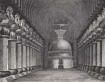 Old engraving. Cave's temple.